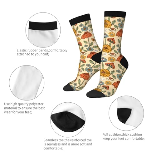 JKJOJIA 70s Retro Floral Mushroom Novelty Socks For Men Women, Funny Crazy Crew Socks Casual Dress Socks Gifts