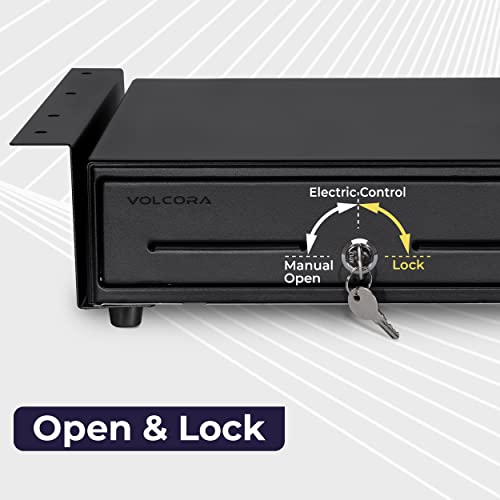 Volcora Cash Register Drawer with Under Counter Mounting Metal Bracket, 13" Black Cash Drawer for POS, 4 Bill 5 Coin Cash Tray, Fully Removable 2Tier Compartment 24V RJ11/RJ12 Key-Lock, 2 Media Slots