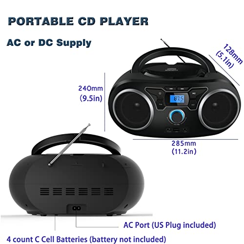 Portable Radio CD Player Boombox with Bluetooth & FM Radio, USB Port, AUX Input, Headphone Jack,Compact CD Player Radio Stereo System,CD-R/CD-RW/MP3 CDs Playback(WTB-771)