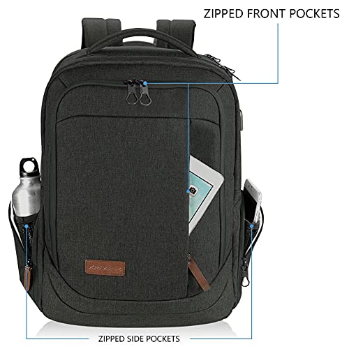 KROSER Laptop Backpack Large Fits up to 17.3 Inch Laptop with USB Charging Port Water-Repellent Casual Computer Daypack for Travel/Business/College/Women/Men-Charcoal Black