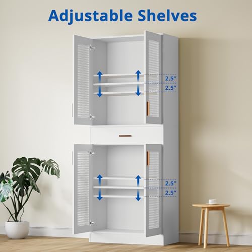 Cozy Castle Kitchen Pantry, 71" H Freestanding Rattan Pantry Cabinets with Doors, Adjustable Shelves and Drawer for Kitchen, Dining Room, Oak
