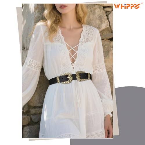 WHIPPY Vintage Western Leather Belt for Women Double Buckle Retro Cowgirl Waist Belts for Jeans Pants Dresses Black Gold, S