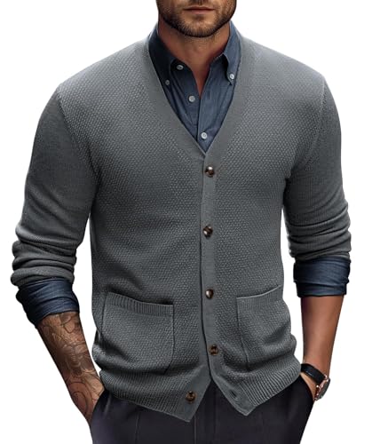 PJ PAUL JONES Casual Cardigan Sweaters for Men V-Neck Button-up Cardigan Long Sleeve Textured Knitted Sweaters Black