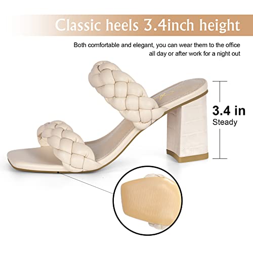 Athlefit Women's Braided Heels Square Toe Strappy Braided Sandals Slides Slip On Woven Block Tan Heels Size 11