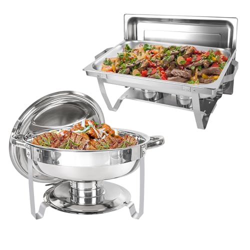 IMACONE Chafing Dish Buffet Set 2 Pack, 8 QT Rectangle & 5QT Round Stainless Steel Chafer for Catering, Chafers and Buffet Warmer Sets w/Food & Water Pan, Lid, Fuel Holder for Event Party Holiday