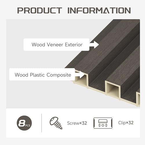 POHARE WPC Slat Wall Panels, 8 Pack Accent Slat Wood Slats for Wall and Ceilings, Acoustic Panels for Interior Wall Modern Décor, Black Brown, 95 x 6 in