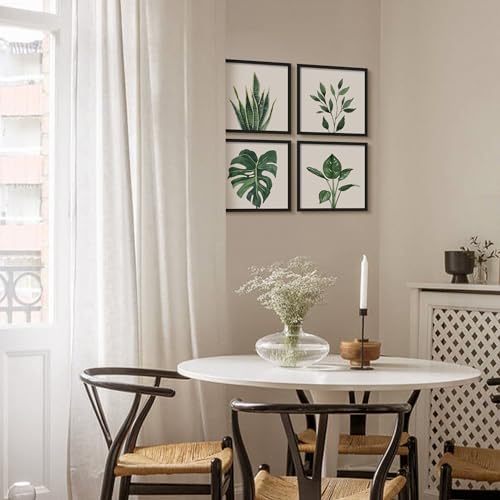 ArtbyHannah Bathroom Wall Art Set of 4 Botanical Wall Decor Green Plant Picture Frame Prints for Home Bedroom Restroom Decoration (Black, 10x10)