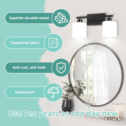 SILAMPDI Black Bathroom Lighting Fixtures Over Mirror, Modern 2-Light Vanity Lights Fixtures, Rustproof Wall Sconces Light for Bedroom, Hallway, Milky White Glass Shades, E26 Base, Bulbs Not Included