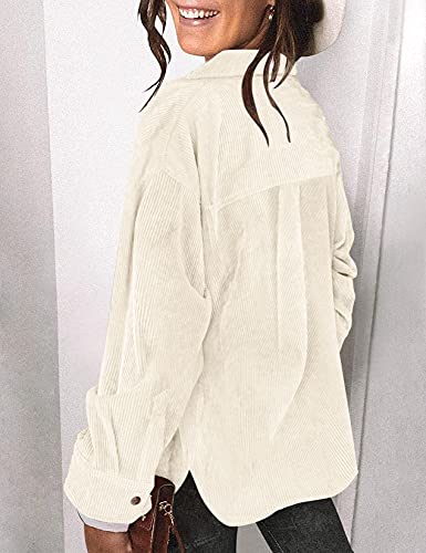 Saslax Womens Corduroy Shirt Long Sleeve Oversized Button Up V Neck Blouses Tops Loose Shacket Jacket with Pockets Army Green S