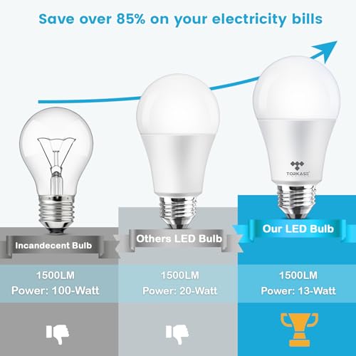 Torkase A19 LED Bulbs 100 Watt Equivalent, 13W 1500 Lumens Very Bright and Energy Saving, Non-Dimmable, 2700K Warm White, Standard E26 Medium Base Bulk Lighting Bulb, 30000 Hour Lifetime(Pack of 4)
