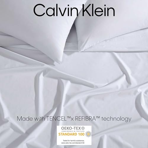 Calvin Klein - Queen Sheets, Luxuriously Soft Percale Bedding Set, Sustainable Fabric Construction (Naturals Solid Dawn Blue, Queen)