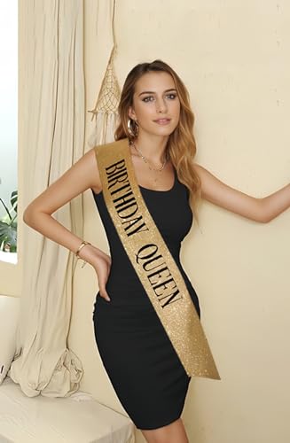 Kamirola Queen Sash & Rhinestone Tiara Set Green for Women Birthday Decoration Kit Rhinestone Headband for Girl Glitter Crystal Hair Accessories for Party (Gold)