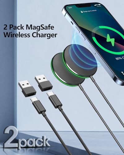 2 Pack Magnetic Wireless Charger 15W Fast Apple Mag-Safe Charger for iPhone 16/15/14/13/12 Series Magnet Wireless Charging Pad for AirPods 3/2/Pro Mag Safe Charger with 5ft Dual Charging Port Cable, Black