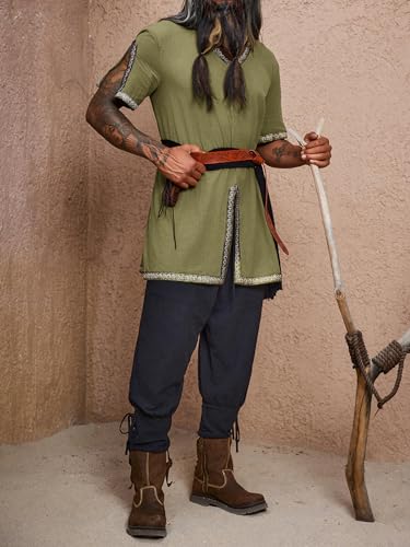 Runcati Mens Medieval Pirate Tunic Renaissance Viking Knight Costume Linen Short Sleeve LARP Halloween Tops