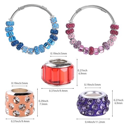 Aipridy 30 Pcs Lucky Beads Lover Pearls and Glass Rhinestones Amber Beads, Large Hole Spacer Beads European Craft Beads fit DIY Charms Bracelet Jewelry Making (Silver core+3 rows bicolor rhinestone)
