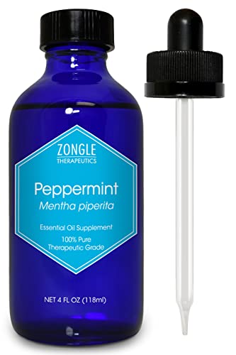 Pure Peppermint Oil by Zongle – 100% Pure Natural, Therapeutic & Food Grade for Baking, Hair, Diffuser, Skin, Edible, Beard, Cooking, Candy, Ingestion, Stomach, Digestion, Teeth, Oral Use– 4 OZ