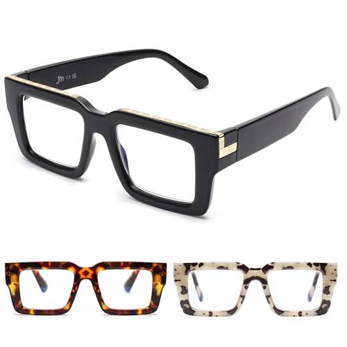 JM 3 Pack Oprah Style Reading Glasses for Women Men, Fashion Square Blue Light Blocking Readers +0.0