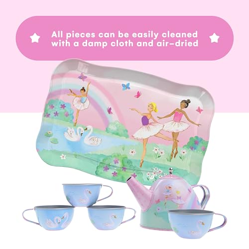 Jewelkeeper Tea Set for Little Girls - 15-Piece Tin Tea Party Set, Ballerina Design - Safe and Durable Toy Kids Tea Set with Carrying Case - Ideal Gift for Kids