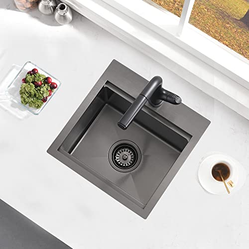 15 Inch Black Drop In Bar Sink Workstation-Bokaiya 15x15 Bar Sink Drop In Small Wet Bar Outdoor Rv Sink 16 Gauge Black Stainless Steel Single Bowl Kitchen Sink with Cutting Board