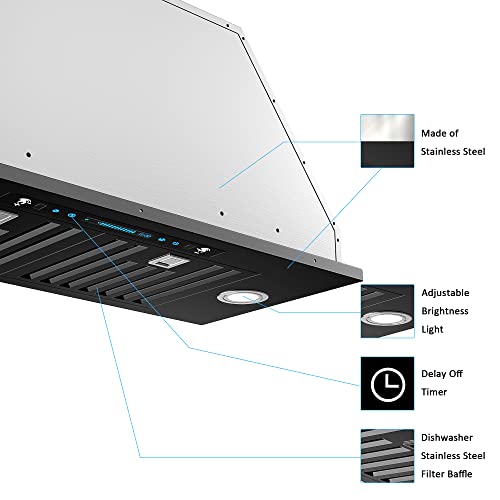 IKTCH 30 inch Black Built-in/Insert Range Hood, 900 CFM Ducted/Ductless Stainless Steel Kitchen Vent Hood with 4 Speed Gesture Sensing&Touch Control Panel(IKB01-30-BSS)