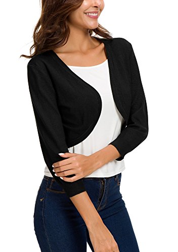 Women's Lightweight Knit Cropped Cardigan 3/4 Sleeve V-Neck Open Front Bolero Shrug for Dresses and Casual Wear (L, Apricot)