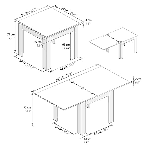 Mobili Fiver, Square extendable Dining Table, Eldorado, 35.4(70.9) x35.4 in, White Ash, for 4-8 People, Expandable Dining Table for Kitchen, Italian Furniture