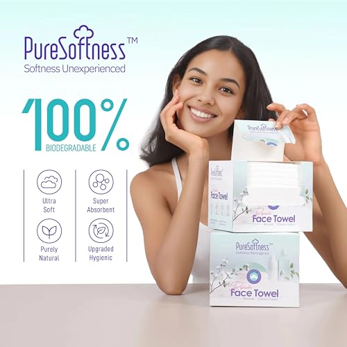 PureSoftness Luxuriously Soft Disposable Face Towel, 100% Cotton, 80 Count, Extra Large 12" x 10" Ultra Soft Dry Wipe for Face Wash, Makeup Remover, Bio-Based Towelette for Sensitive Skin (1 pack)