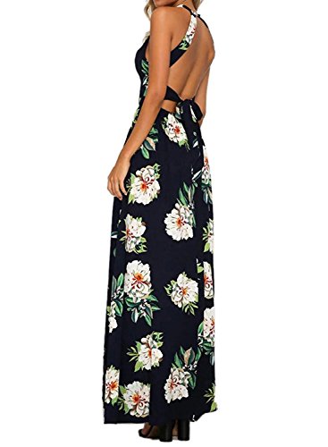 ZESICA Women's 2024 Summer Halter Neck Floral Print Backless Split Beach Party Maxi Dress,BluishViolet,Small