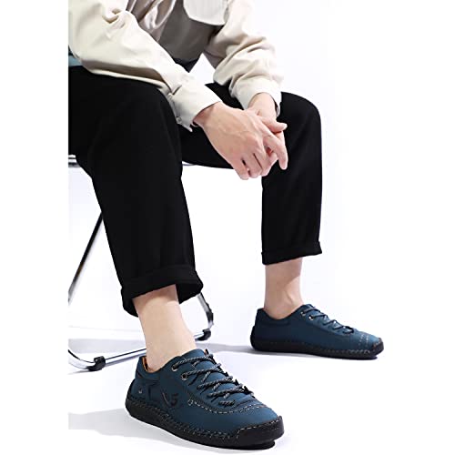 FiveStoresCity Mens Casual Shoes Summer Breathable Sneakers Loafers Walking Shoes Handmade Lace-Up Leather Dress Flats Shoes for Driving Business Working Office Blue Size 7.5