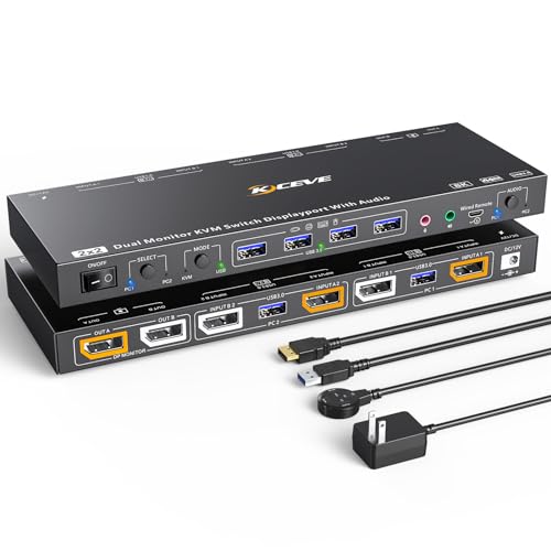 2 Displayport + HDMI USB 3.0 KVM Switch 3 Monitors 3 Computers, 8K@60Hz,4K@144Hz Triple Monitor KVM with 4 USB 3.0 Ports, KVM Triple Monitor Keyboard Mouse Switcher,Included KVM Cables