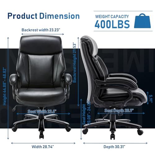 Big and Tall Office Chair 400lbs-Heavy Duty Executive Desk Chair with Extra Wide Seat, High Back Ergonomic Leather Computer Chair with Tilt Rock, Padded Armrests-Black
