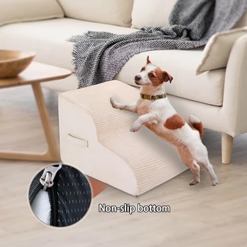 High Density Foam Dog Stairs Steps, 13.7’’ Non-Slip Extra Wide Deep Pet Steps for Beds Or Couches, for Injured or Older Pets Dogs and Cats with Joint Pain, 2-Tiers (Beige)