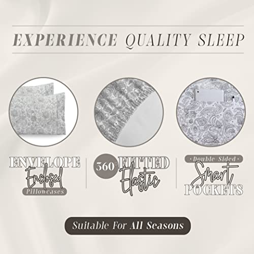 Elegant Comfort Amelia Paisley Printed 4-Piece Sheet Set, Deep Pocket 1500 Thread Count, Fade, Stain, and Wrinkle Resistant, Fitted Sheets with Smart Pockets, Paisley Sheet Set, Twin, Ash Gray