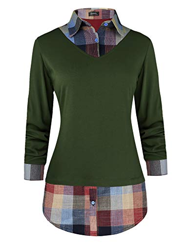 Oyamiki Women's Casual Collared Curved Hem 2 in 1 Pullover Tops