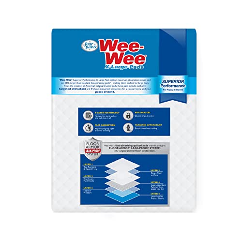Four Paws Wee-Wee Superior Performance XL Pee Pads for Extra Large Dogs, Leak-Proof Floor Protection Dog & Puppy Quilted Potty Training Pads, Unscented, 28" x 34" (14 Count)