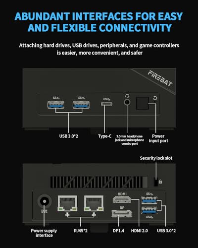 FIREBAT AM02 Mini PC, Intel N100 Mini PC(4C/4T,3.4GHz), 16GB LPDDR5 512GB M.2 SSD, Windows 11 Desktop Computer 4K Dual HDMI Display/USB3.2/WiFi 6/BT5.2/RJ45 1000M