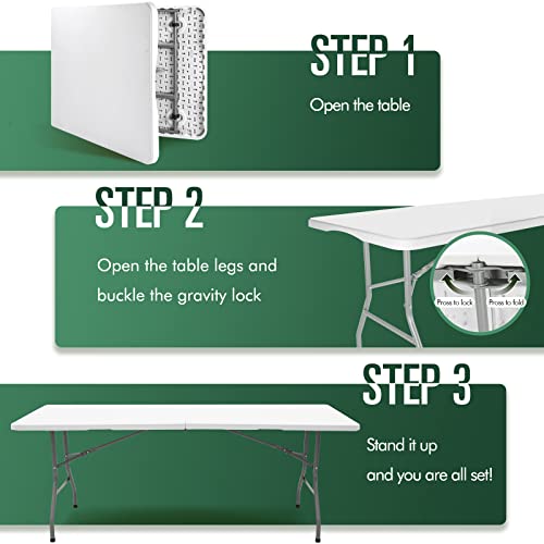 EDEBIBY 4FT 122cz Folding Table Portable Heavy Duty Plastic Fold-in-Half Utility Foldable Table White