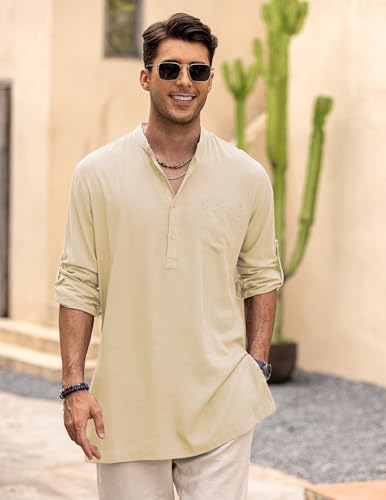 COOFANDY Mens Long Sleeve Linen Shirts Hippie Casual Beach T Shirts Kurta Indian Wear Wedding, Beige, Small