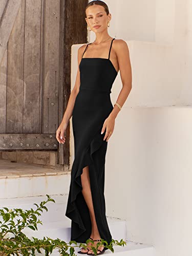 ANRABESS Women Prom Dress 2024 Summer Bodycon Formal Maxi Dresses Ruffle Side Split Cocktail Wedding Guest Date Dress Rose Small