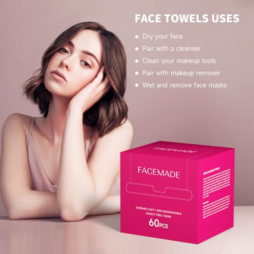 FACEMADE 60 Ct Disposable Face Towels XXL, Face Towelettes for Makeup and Clean, Super Soft and Thick Dry Wipes, USDA Certified 100% Biobased, Rose