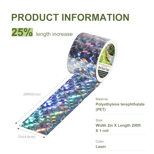 OFFO Bird Reflective Tape, 200 Feet x 2 Inches Dual-Sided Bird Reflective Tape Outdoor for Garden, Farm, Orchard or Courtyard