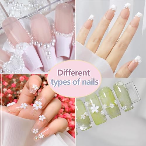 3D Pink Color White Flower Nail Charms Acrylic Bowknots Heart Nail Charms Tiny Flower Heart Pearls Nail Art Charms with Flatback Round Pearls Beads Charms for Nail Art DIY Crafting Decal Accessories