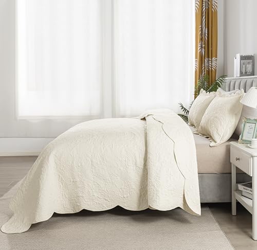 HoneiLife King Quilt Bedding Set - Velvet Quilt Sets 3-Pieces, Lightweight Bedspreads Solid Coverlets Retro Bed Cover Quilt King Size All Season Quilts, Nature White