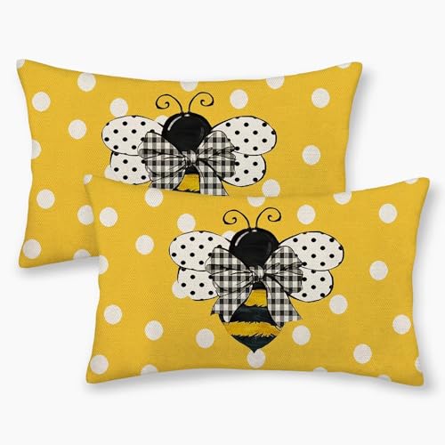 Yellow Bee Pillow Covers 12x20 Set of 2 Polka Dots Outdoor Decorative Throw Pillow Covers Summer Farmhouse Seasonal Linen Cushion Case for Home Sofa Couch Outdoor Decor