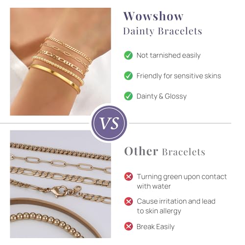 Wowshow Gold Bracelets for Women Bracelet Stack Set 14K Real Gold Plated Link Charm Bracelet Dainty Link Chain Stackable Charm Bracelets Adjustable Bangle Cuff Bracelet Pack Jewelry Gifts for Women 6.0 Inch