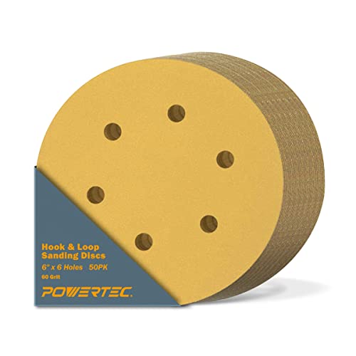 POWERTEC 45206G-50, 60 Grit, 6 Inch 6 Hole Hook and Loop Sanding Discs for Random Orbital Sander, 50PK