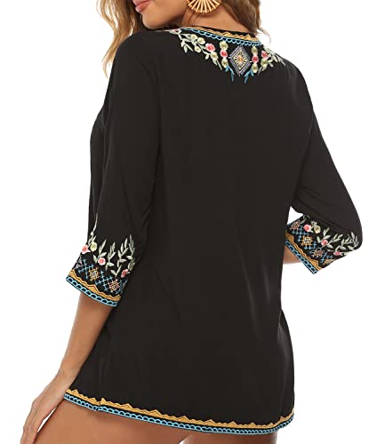 Higustar Mexican Shirts for Women Embroidered Tops Bohemian Peasant Blouse Plus Size Tunic Fiesta Cotton Clothes White