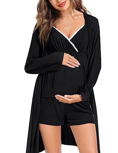 SWOMOG Womens Maternity Robe Set 3 Piece Nursing Pajamas for Breastfeeding 3 in 1 Labor Delivery Hospital Pregnancy Pjs