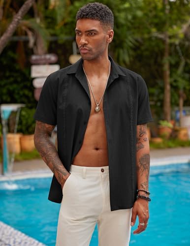 COOFANDY Men's Guayabera Premium Lightweight Embroidered Pleated Cuban Shirt Mexico Style Pink