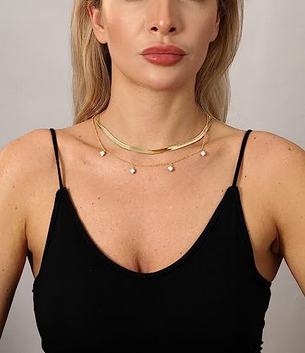 TOSGMY Herringbone Necklace for Women,Dainty Gold Necklace 14K Gold Chain Layered Necklaces Simple Cross Necklace Evil Eye Pearl Cubic Zirconia Pendant Snake Necklaces For Women Jewelry Gift